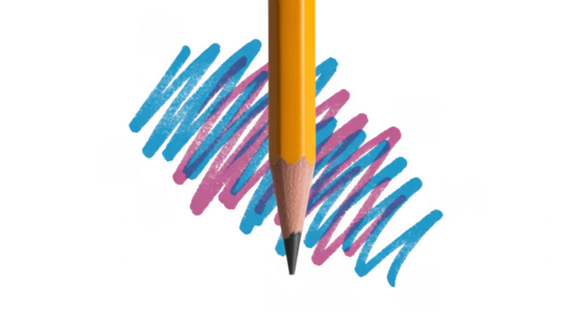 Yellow pencil with blue and pink scribbles blue scribbles isolated on a transparent background - Powered by Adobe