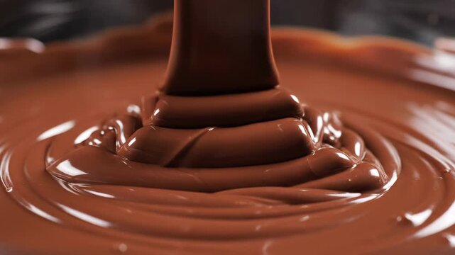 Flowing Melted Chocolate - A close-up shot shows rich, melted chocolate being poured, creating ripples and waves in a smooth, glossy pool. The molten texture is thick and decadent.