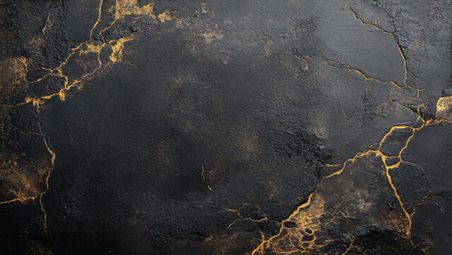 Detailed, high-resolution view of a black slate stone's textured surface, showcasing its natural imperfections and unique golden crack patterns.