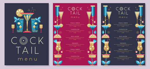 Retro holiday restaurant cocktail menu design on black background. Flat design. Vector illustration