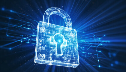 Cybersecurity concept with a glowing lock, representing data protection and digital safety.