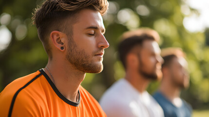 Ultra HD Young man meditating outdoors with eyes closed, finding peace and calm in nature, practicing mindfulness and stress relief image