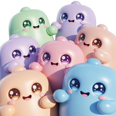 Fototapeta premium A group of pastel-colored blob characters with smiling faces and different... isolated on a transparent background