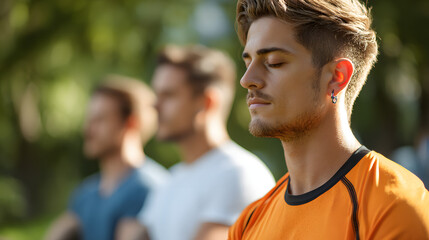 Naklejka premium Ultra HD Young man with closed eyes meditating outdoors in a park, practicing mindfulness and finding inner peace in a group setting image