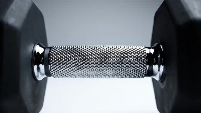 Dumbbell Close-Up - A close-up shot of a black dumbbell with a textured chrome handle. The dumbbell is centered in the frame, showcasing the intricate details of the knurled grip.