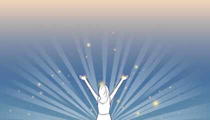 Rear view illustration of woman with arms raised looking at bright blue starburst sky for spiritual and success concepts