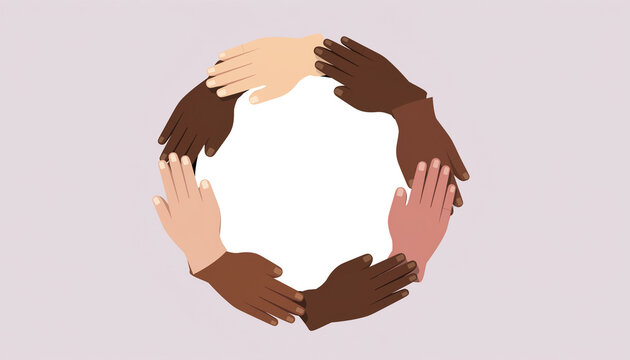 Illustration of diverse multicultural hands holding together in circle shape for inclusion and unity concepts with center copy space
