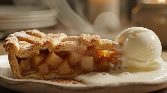 Apple Pie Slice with Ice Cream - A close-up shot of a delicious apple pie slice with a lattice crust, filled with juicy apples, and topped with a scoop of melting vanilla ice cream, served on a