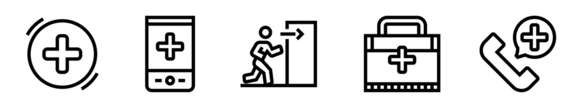 Pack de iconos de emergencia. Asistencia m&eacute;dica, llamada urgente, evacuaci&oacute;n, botiqu&iacute;n y comunicaci&oacute;n de auxilio. Dise&ntilde;o vectorial lineal