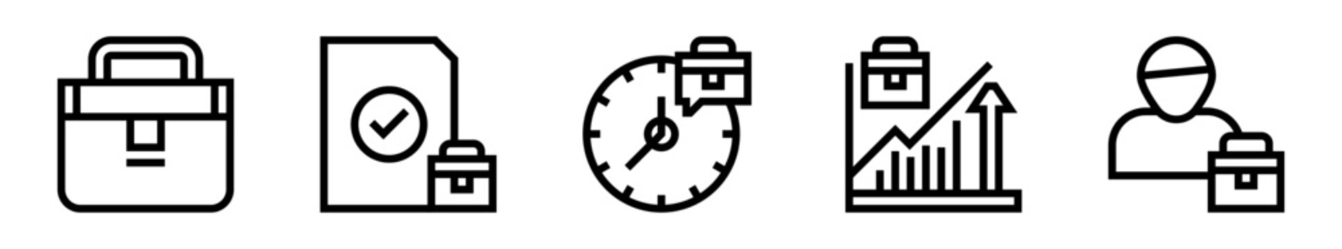 Pack de iconos de trabajo. Malet&iacute;n profesional, aprobaci&oacute;n documental, gesti&oacute;n del tiempo, crecimiento laboral y perfil ejecutivo. Dise&ntilde;o vectorial lineal
