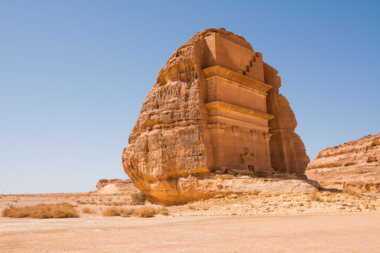 Hegra monumental portal, the most important site in the historic park, carved from a single rock in Saudi Arabia