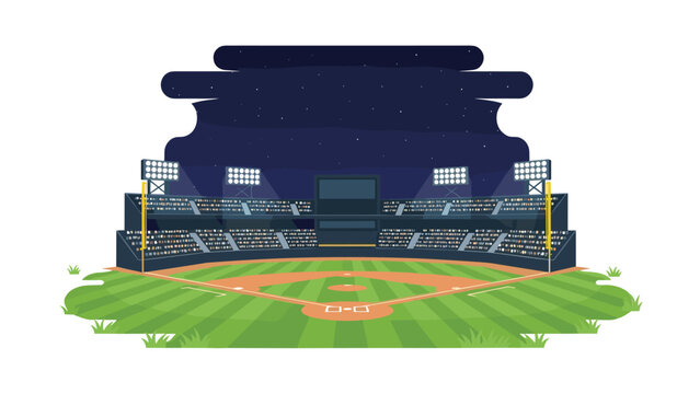 Grand empty baseball stadium at night, with bright floodlights illuminating the field, ready for an exciting game.