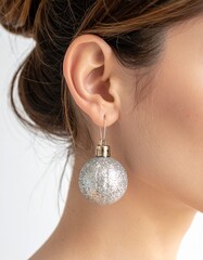 Close-up of a person&rsquo;s ear wearing a festive earring shaped like a glittery Christmas ornament. The image creatively combines holiday spirit and personal style, ideal for celebration, festive themes.