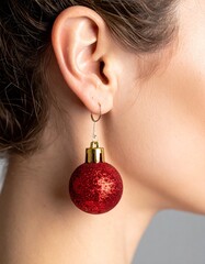 Close-up of a person&rsquo;s ear wearing a festive earring shaped like a glittery Christmas ornament. The image creatively combines holiday spirit and personal style, ideal for celebration, festive themes.