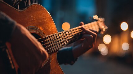 Fototapeta premium A close-up of a male guitarist playing an acoustic guitar outdoors during twilight, with bokeh lights creating a dreamy atmosphere.