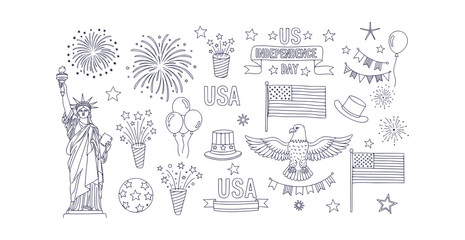 American Fourth of July Doodle Icons Set Statue Liberty Patriotic Symbols Outline Vector © Bilkis Islam