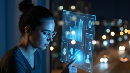 Focused woman interacting with futuristic holographic interface displaying data analytics, overlooking a blurry night cityscape with glowing lights. - Powered by Adobe