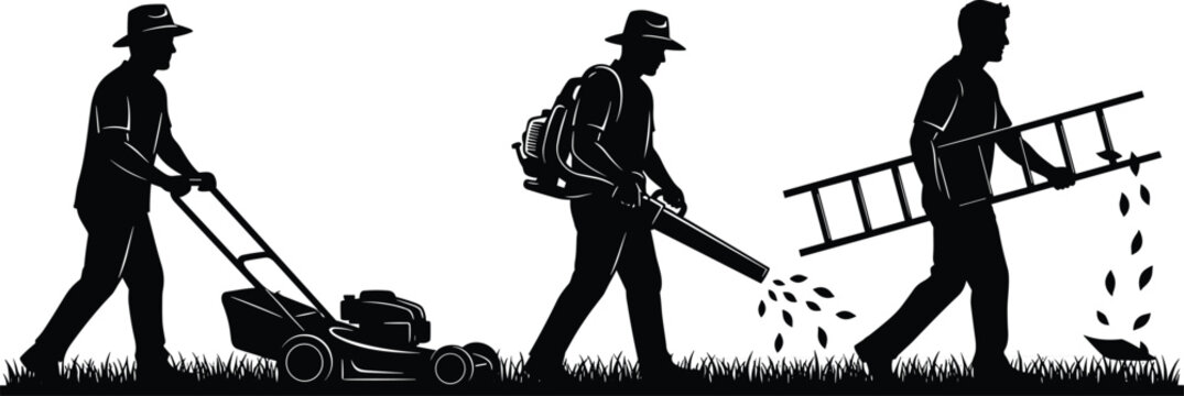 Gardening worker silhouettes mowing lawn blowing leaves and carrying ladder, landscaping maintenance jobs concept isolated on white background illustration