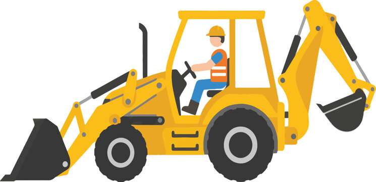 backhoe loader featuring a construction worker operator in the cabin
