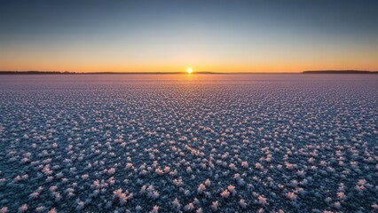 Frozen landscape with ice crystals and sunset for winter nature and travel, vast cold expanse