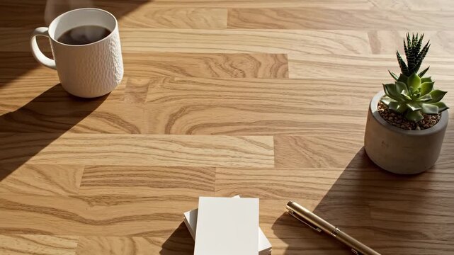 Minimalist Workspace with Coffee and Succulent - A bright, sunlit workspace features a textured wooden surface with a cup of coffee, a small succulent in a concrete pot, a stack of blank notecards,