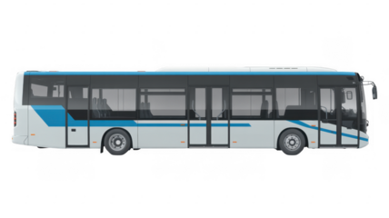 Side view of white and blue city bus isolated on a transparent background