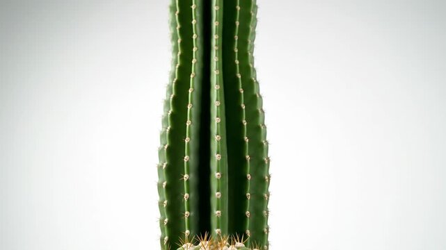 Close-up of a Green Cactus - The video is a close-up shot of a tall, green cactus against a plain white background. The cactus has vertical ridges and small, sharp spines emerging from the areoles.