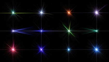 Set of colorful lens flares and stars on black background　黒背景のカラフルなレンズフレアと光の素材集