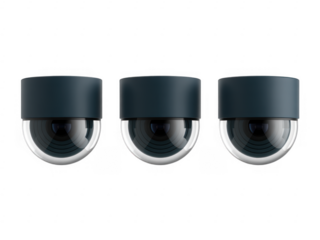 Three black security cameras on black surveillance cameras isolated on a transparent background