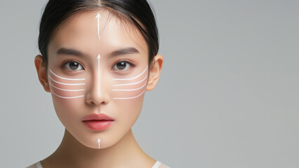 Young woman face with beauty lifting guide lines. Skincare anti aging concept.