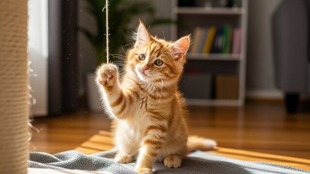 Playful kitten swatting page wire in living room