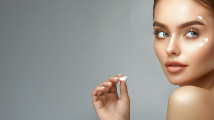 Woman holding pill near lips on gray background. Healthcare wellness concept.