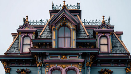 Colorful Victorian mansion gable and window. Historic architecture concept.
