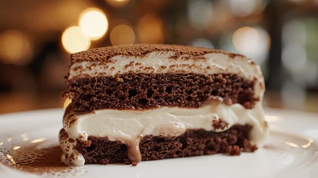 Chocolate Cake Slice with Cream - Close-up of a slice of layered chocolate cake with white cream filling, served on a white plate.