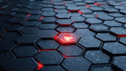 Obraz premium Hexagonal pattern with glowing red lock symbol for data security