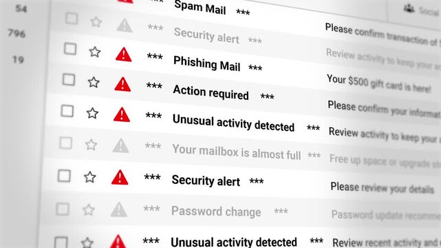 Spam Mail, Phishing Messages and Security Alert, Email Scrolling List Closeup. Alert Notifications, Cyber Threats, Fraud Warnings, Inbox Risks, and Digital Safety Awareness. 4K Video Animation