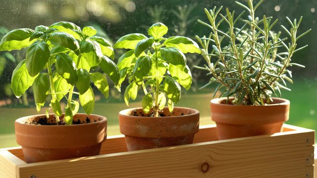Fresh Herbs in Pots on Windowsill - A close-up shot of three potted herbs sitting in a wooden planter box on a windowsill. The herbs include basil and rosemary, and are bathed in natural sunlight.