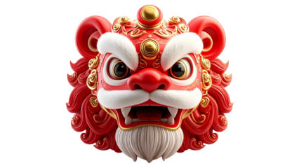 Vibrant 3D rendered traditional Chinese lion head illustration, embodying cultural prosperity and festive spirit for Lunar New Year celebrations and Asian heritage