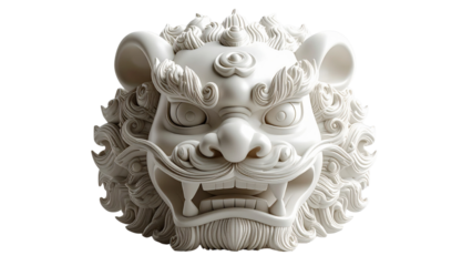 White sculpture of a majestic and fierce mythical guardian beast head, intricately carved with traditional Asian artistic motifs, symbolizing strength and protection against a clean background