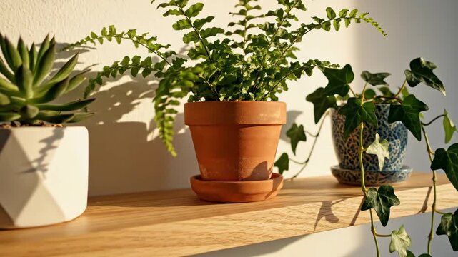 Potted Plants on Shelf - This video features a succulent in a white planter, a fern in a terracotta pot, and an ivy plant in a blue patterned pot, all arranged on a wooden shelf.
