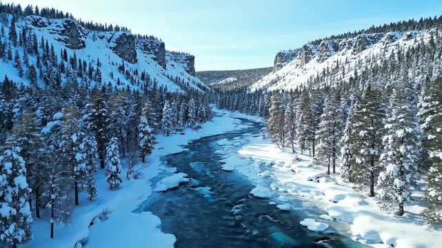 Snowy River Valley in Winter - An aerial view captures a river winding through a snowy valley. Cliffs line either side of the valley, dotted with snow-covered evergreen trees.