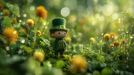 Ultra HD Cute leprechaun character in a magical green garden with dew drops and sparkling light, celebrating st patricks day image
