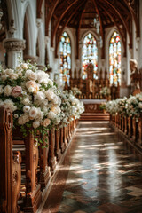 Church aisle decorated with flowers for wedding ceremony. Wedding concept.