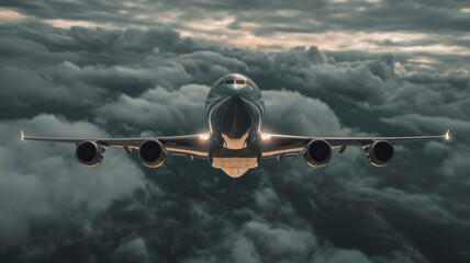 Cinematic wide-body airliner soaring through dramatic storm clouds at sunset, metallic fuselage gleaming, four engines visible, golden light contrasts moody sky, epic aviation photography.