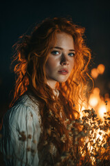 Young woman lit by bonfire at night. Warm campfire concept.