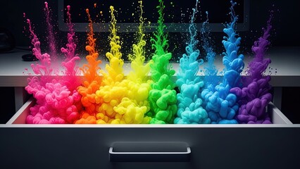 A colorful computer monitor displays an abstract digital illustration on its blank LCD screen, representing a modern technology concept for business communication and electronic device design