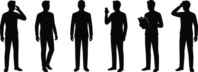 Fototapeta premium Business men silhouettes standing in different poses, communication, planning, smartphone use, professional work, modern corporate lifestyle illustration isolated