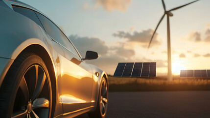 Ultra HD Electric car with solar panels and wind turbine at sunset, symbolizing sustainable energy, green technology, and future transportation image