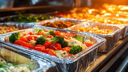 Fototapeta premium A close up view of a buffet featuring foil containers filled with various vegetable dishes including broccoli and tomatoes