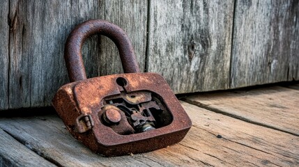 A heavily rusted iron lock with its internal mechanism exposed rests against weathered wooden planks showing signs of age and corrosion